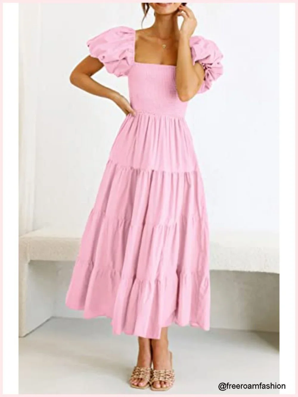 Casual Summer Midi Dress Puffy Short Sleeve Square Neck Smocked Tiered Ruffle